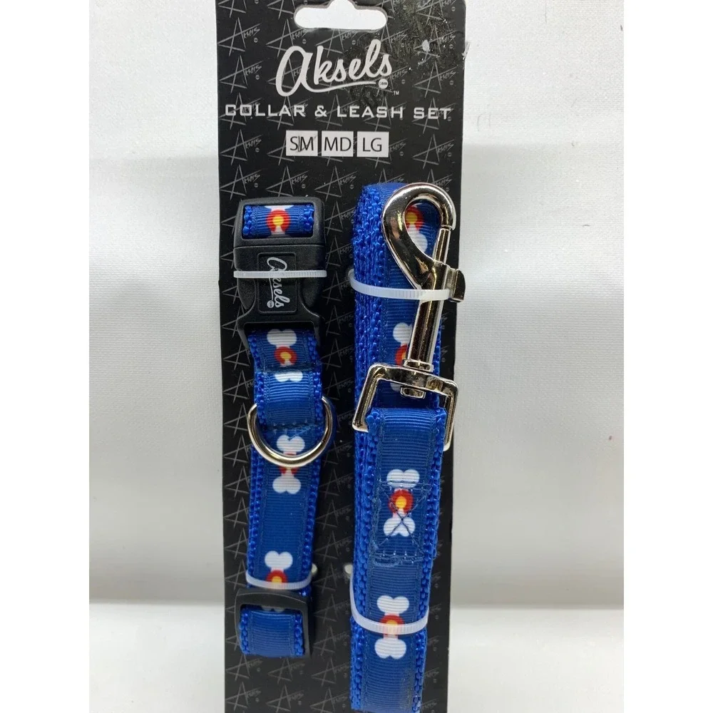 AKSELS Collar‎ & Leash Combo Set 4 Small Dogs Blue with Little White Bone Prints